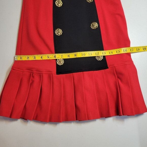 J Harris Vintage Red Black Drop Waist Dress Metal Lion Gold Buttons Pleated - Picture 13 of 13
